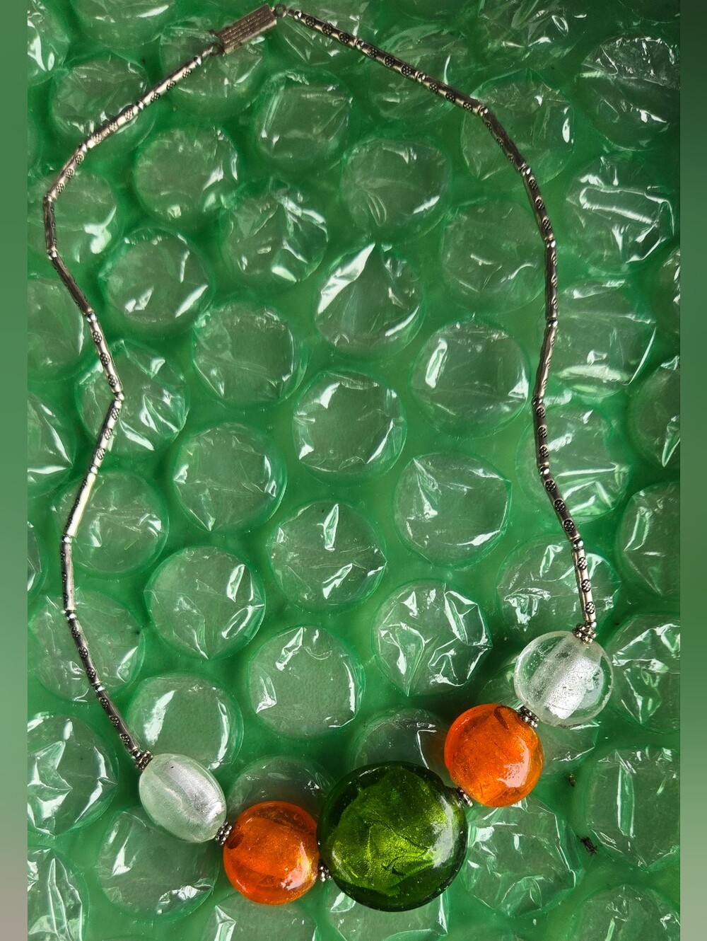 Handmade Green and Orange Glass Bead Necklace